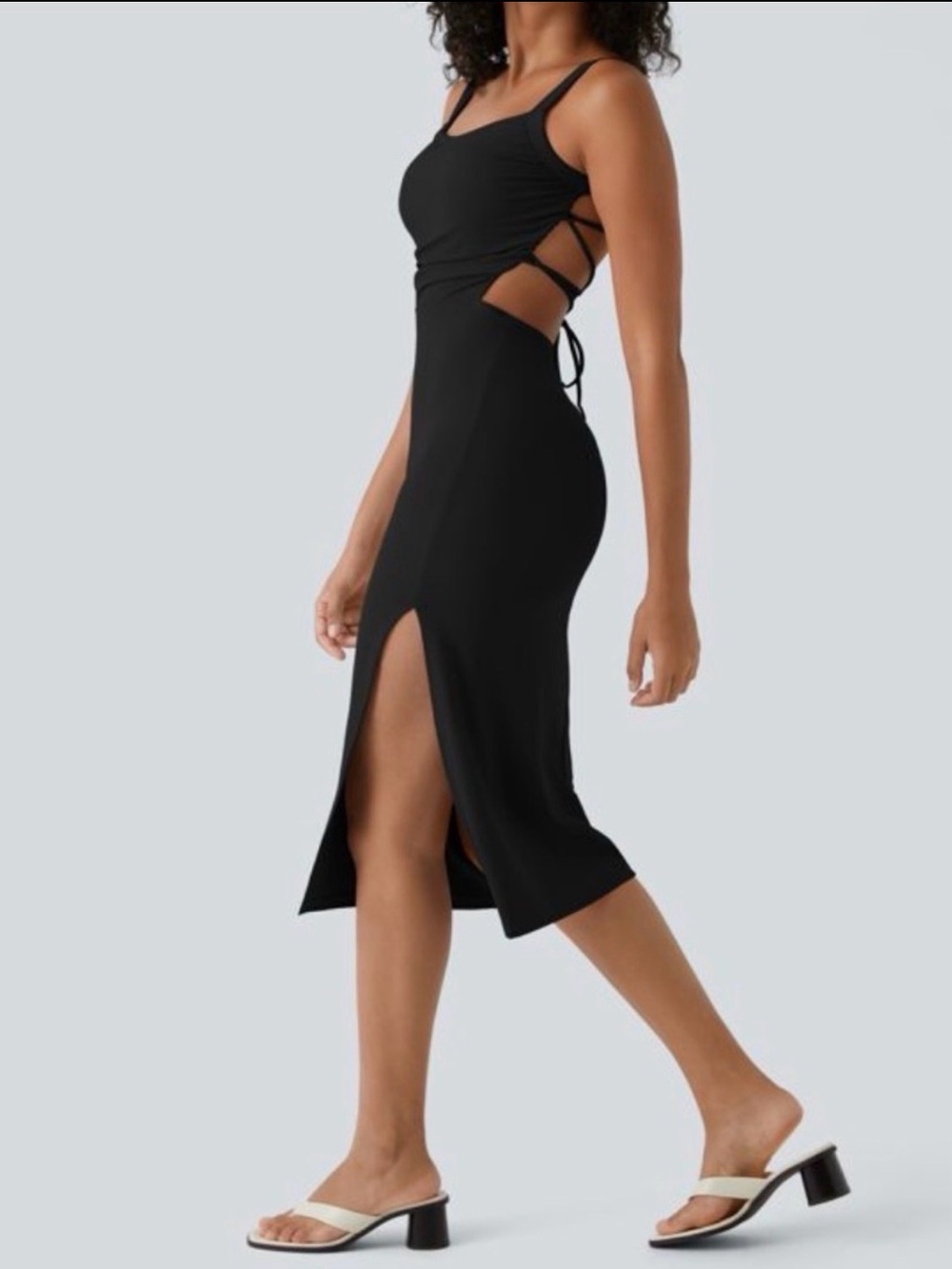 Halara SoftlyZero Airy Midi Dress Small Ruched Lace Up Bodycon Black NEW